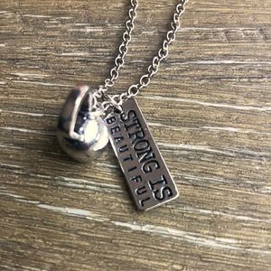 Fashion jewelry “Strong is Beautiful” w/ kettle ball.